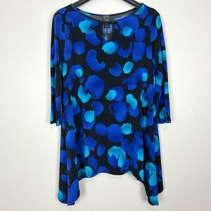 Clara Sun Woo Fluid Knit Tunic Top Women’s Size M Abstract Print High Low Hem